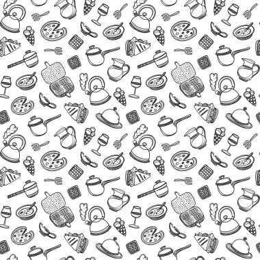 Çizgi film şirin yemek ve mutfak eşyaları beyaz arka plan üzerinde. Seamless modeli. Doğrusal illüstrasyon. Zentangle kitap için. Kahvaltı saati