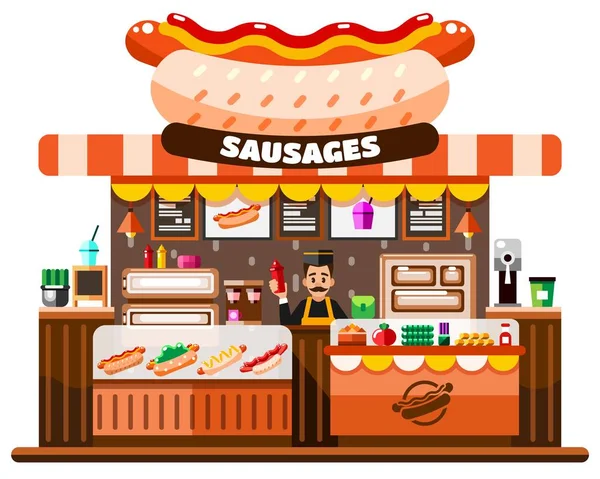 Fast food café interieur met chef-kok die achter van bureaus teller met hotdogs maken van apparatuur, menu en goodies. Vlakke afbeelding — Stockvector