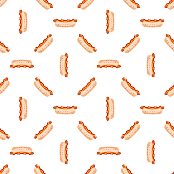 Desenhos animados Hotdogs bonitos no fundo branco. Padrão sem costura. Ilustração plana . — Vetor de Stock