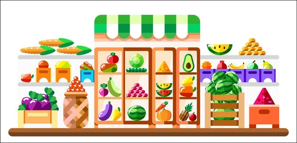 野菜ショップのショーケース 冷蔵庫を備えた屋内 スーパー インテリア グッズ 果物と野菜のバスケット ボックスやコンテナーに 健康的な食事とエコ食品 ベクトル フラット図 — ストックベクタ