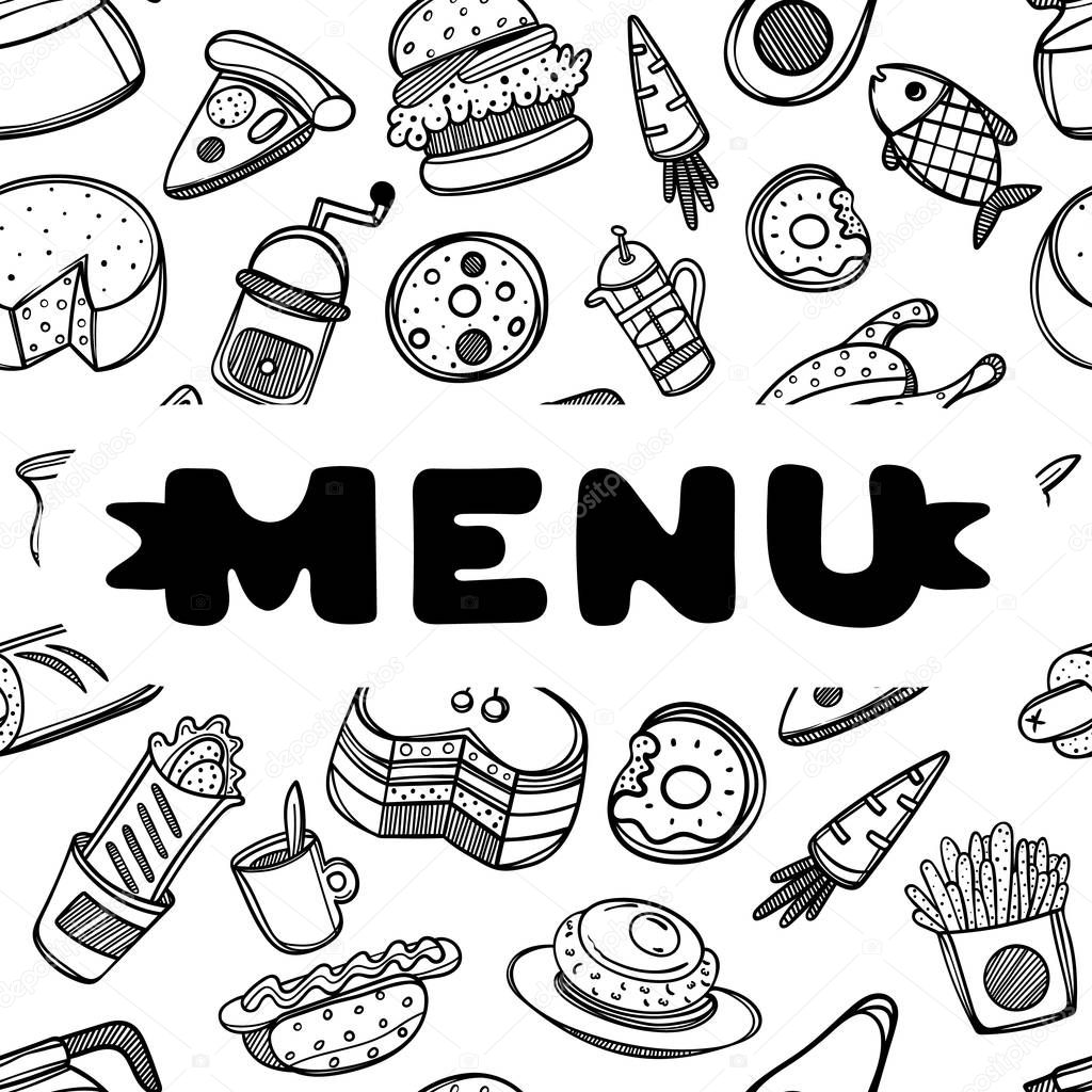 Hand drawn menu for cafe with food. Sketch concept illustration.