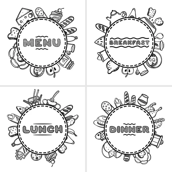 Set of 4 hand drawn menu for cafe with food. Sketch concept illustration. — Stock Vector