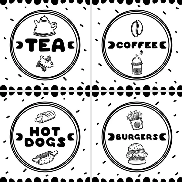 Set mit 4 Fast-Food-Abdeckungen für Cafés. Skizze Konzept Illustration. Lebensmittelflyer. — Stockvektor