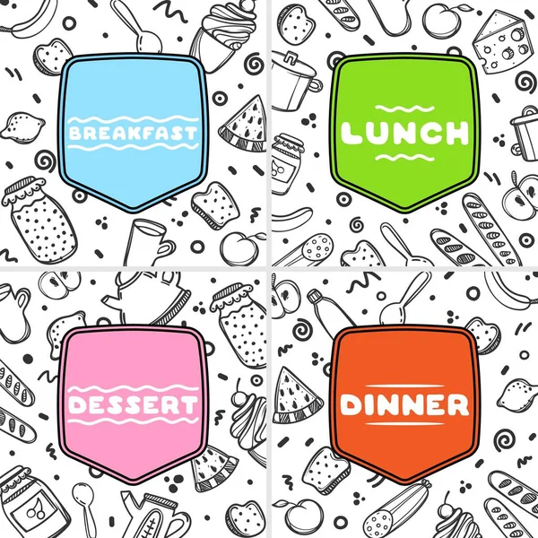 Ensemble de 4 mignon menu affiche dessiné à la main pour café sur fond alimentaire. Illustration linéaire . — Image vectorielle