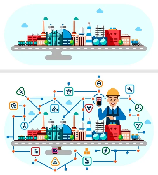 Wereldwijde industriële fabriek technologie proces met ecologie concept. Vlakke stijl illustratie van de productie van gebouwen met de ingenieur. Smart factory met neuraal netwerk en pictogrammen. Industrie 4.0 — Stockvector