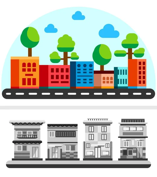 Maisons Style Plat Avec Route Bâtiments Ville Dessin Animé Couleurs — Image vectorielle