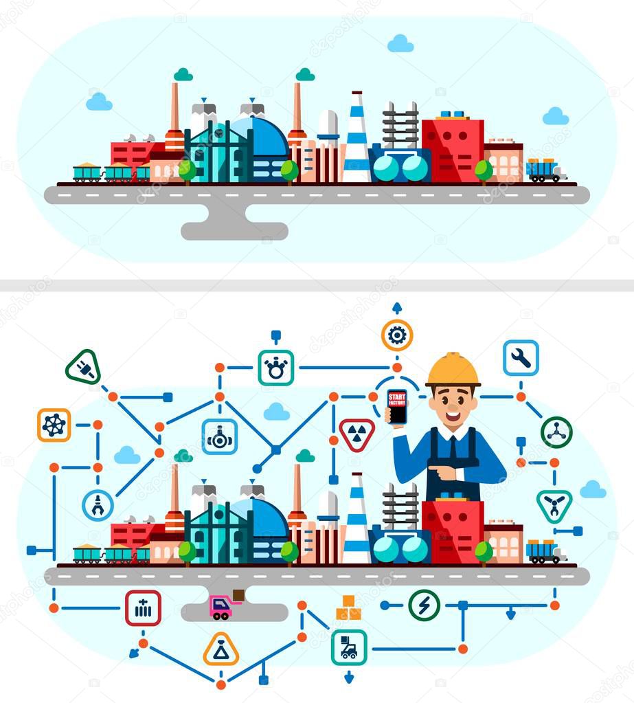 Global industrial factory technology process with ecology concept. Flat style illustration of manufacturing buildings with the engineer. Smart factory with neural network and icons. Industry 4.0