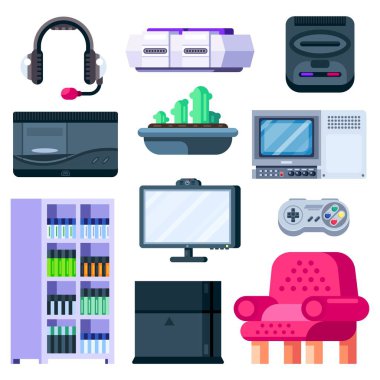 Game room set up. Gamer workplace with set of objects. Vector illustration. clipart