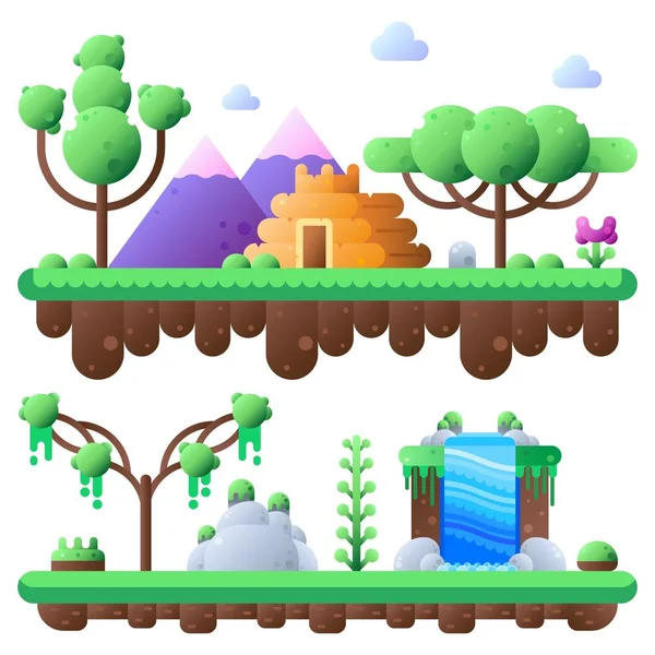 Selva tropical e paisagem com cores brilhantes. Conjunto de ilustrações vetoriais planas. Elementos para o seu jogo móvel — Vetor de Stock