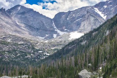Rocky Mountain Ulusal Parkı Colorado 'daki dağ yamacında. Dağlık arazi resimli manzaralar sunuyor.