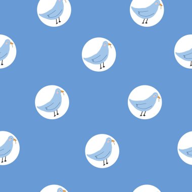 Çemberdeki solucanlı basit mavi kuş mavi bir arkaplanda vektör desenini tekrarlar.
