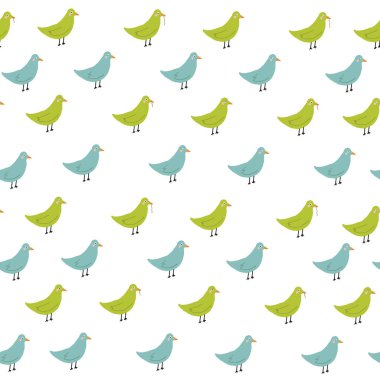 Mavi ve yeşil kuş Kusursuz tekrar el çizilmiş çocuksu desen. 