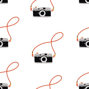 Beyaz arka planda kusursuz el yapımı klasik kamera. Kusursuz tekrarlama vektör deseni
