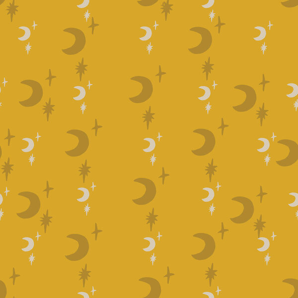 Seamless vector retro hand drawn gold star and moon pattern. Gold gray and white. 