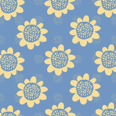 60 'ların sevimli, sarı, basit çiçekli Retro çiçekleri. mavi arkaplan ile desen. 