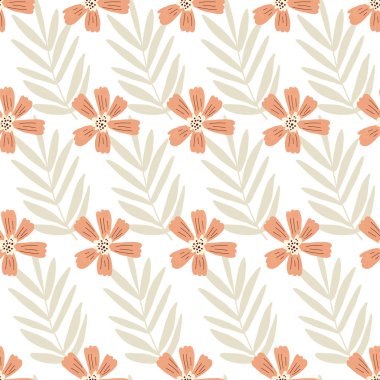 Kusursuz tropik turuncu turuncu renkte, çiçek desenli, palmiye yapraklı. Hafif plaj desenli. Tekerrür eden bir doku. Yaz plajı renkleri.