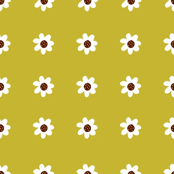 Cute Repeat retro stylized Daisy Wildflower Pattern with gold yellow mustard background. Seamless floral pattern. White Daisy. Stylish repeating texture. Repeating texture. — Stock Vector