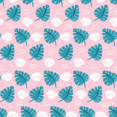 Kusursuz mavi ve pembe tropikal plaj desenli palmiye yaprakları ve deniz kabukları. Tekrarlanan vektör plajı ve okyanus deseni.