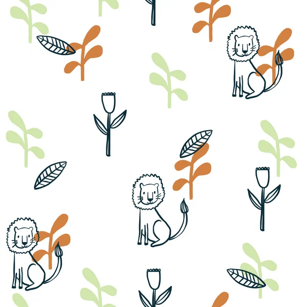 Mignon orange et vert sans couture ligne d'art enfant lion et motif floral. — Image vectorielle