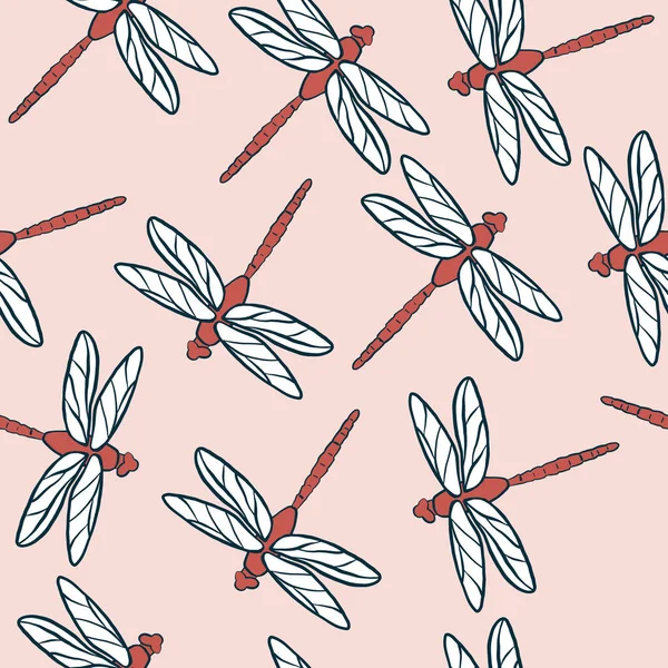 Roze en rode libelle naadloze herhaling vector patroon. — Stockvector