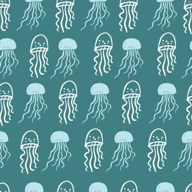 Kusursuz el çizimi denizanası deseni. Mavi ve beyaz okyanus vektör deseni.