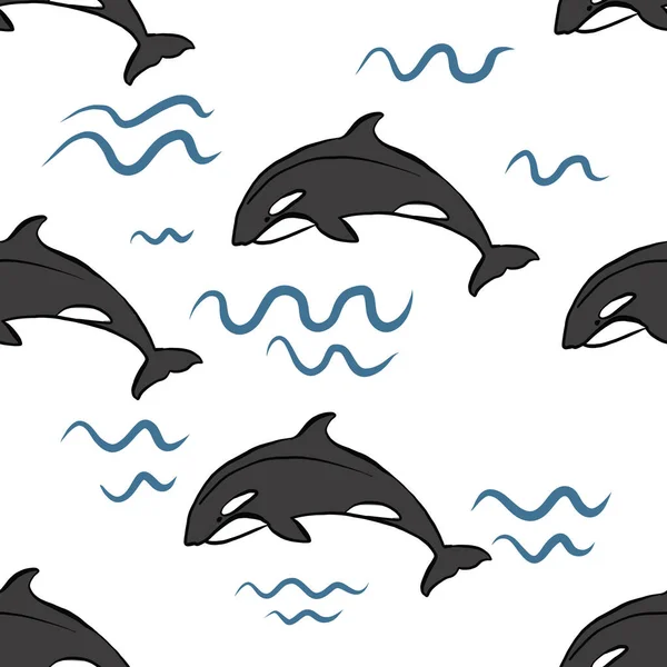 Απλή φάλαινα Orcas σε λευκό φόντο αδιάλειπτη μοτίβο. Εικονογράφηση διανύσματος. Επανάληψη σχεδίασης μοτίβου. — Διανυσματικό Αρχείο