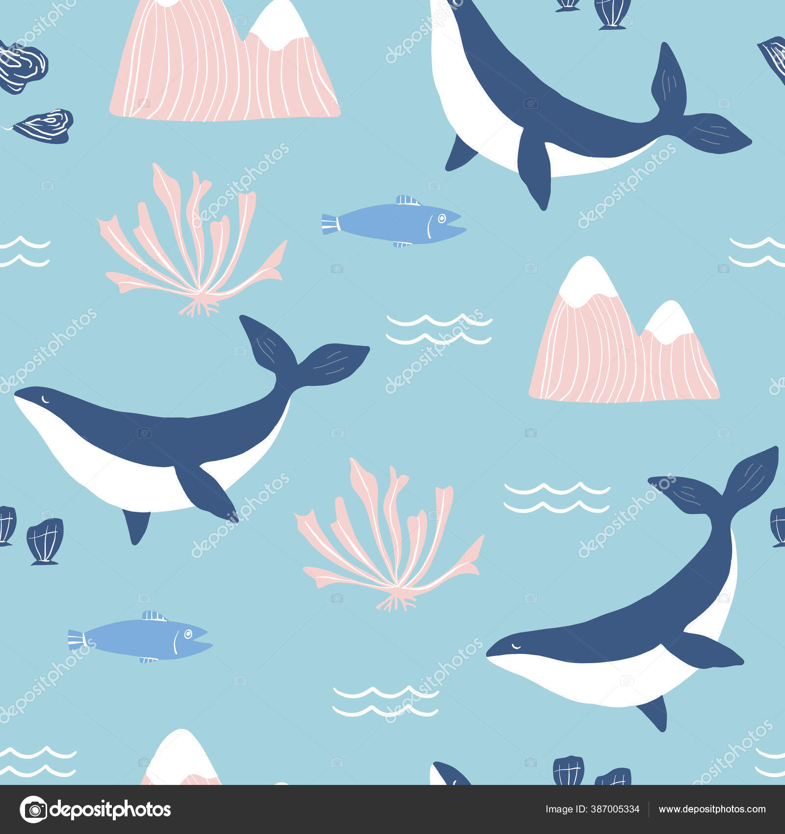 简单的鲸鱼虎鲸，粉红色的山脉和海贝壳蓝色背景无缝图案。矢量图解。重复模式设计. 图库矢量图©aliciaarddesign@gmail.com  387005334