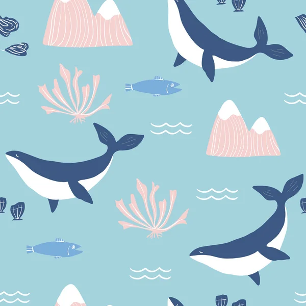 Orcas baleia simples, montanhas cor-de-rosa e conchas do mar azul fundo sem costura padrão. Ilustração vetorial. Projeto de padrão repetitivo . —  Vetores de Stock