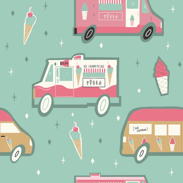 Απρόσκοπτη επανάληψη διάνυσμα ροζ και πράσινο χρυσό παγωτατζίδικο φορτηγό και παγωτό χωνάκια μοτίβο — Διανυσματικό Αρχείο