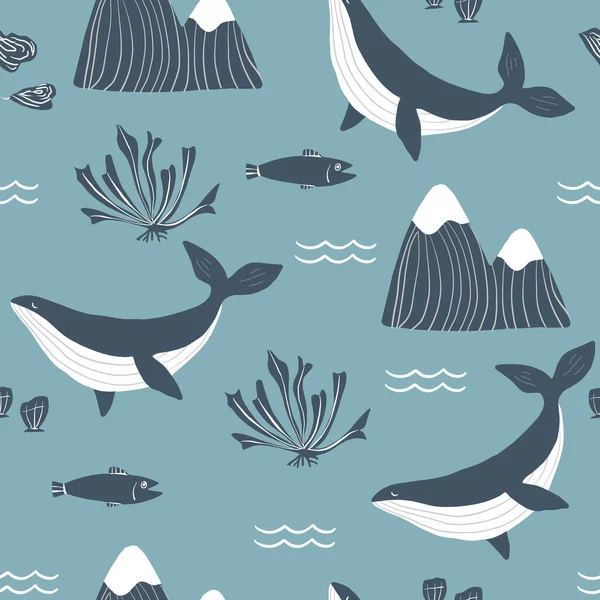 Eenvoudige walvis Orka 's, monochrome bergen en zee schelpen blauwe achtergrond naadloos patroon. Vector illustratie. Herhalend patroon ontwerp. — Stockvector