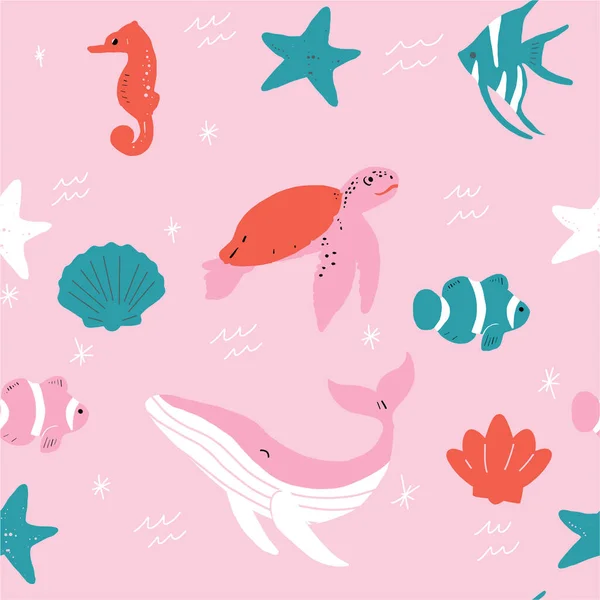 Kusursuz vektör pembe ve yeşil okyanus hayvanlarının desenlerini tekrarlıyor. Bu desende deniz yıldızı, kaplumbağa, balina, palyaço balığı, balina ve kaplumbağa var..