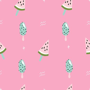 Kusursuz pembe ve deniz mavisi karpuz şekeri desenli retro hipster yıldızları. Eğlenceli yaz döngüsü.