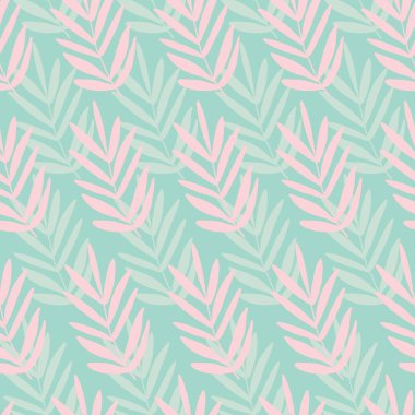 Kusursuz palmiye yaprağı doku izi bırakır. Tekerrür eden bir doku. Moda. Deniz mavisi ve pembe yapraklı botanik plaj deseni.