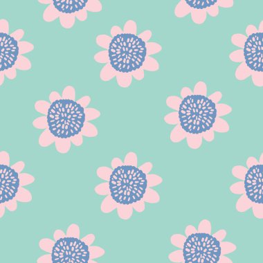 60 'ların sevimli, pembe ve mavi çiçekli Retro çiçekleri. nane arkaplanlı desen. 
