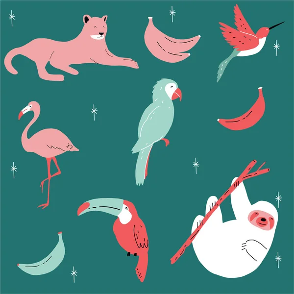 Mignon dessin à la main sans couture animaux tropicaux répètent modèle avec perroquet paresseux flamant rose colibri bananes oiseaux et léopards. — Image vectorielle