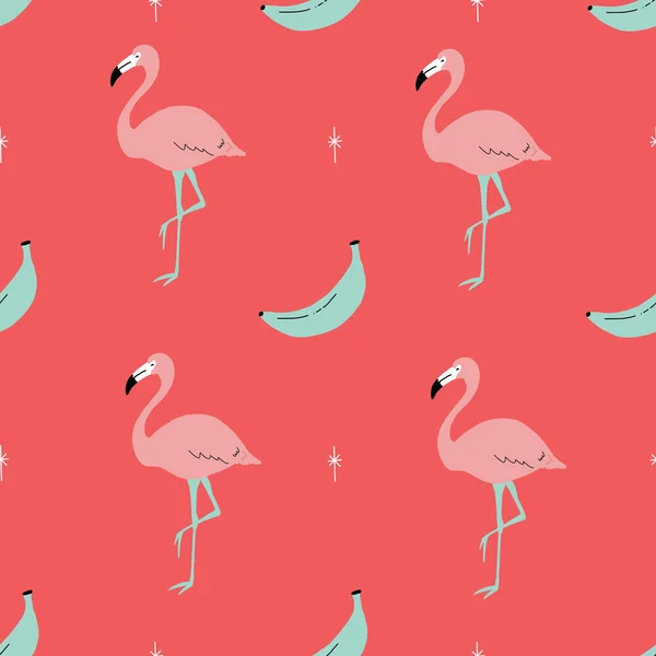 Sem emenda brilhante repetição vetor retro rosa e vermelho tropical flamingo e banana padrão com estrelas retro. —  Vetores de Stock