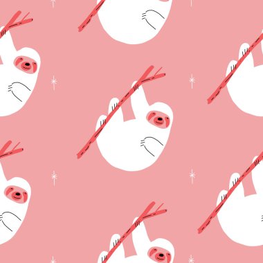 Pink and red Tropical Cute repeating vector retro sloth pattern. clipart