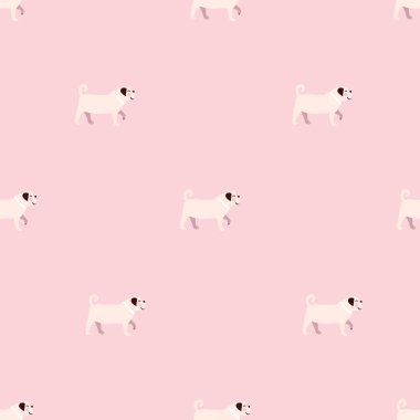 Kusursuz pembe ve beyaz köpek monokrom retro hipster pug köpek deseni pembe arka planlı