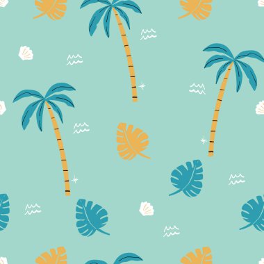 Kusursuz su altınları ve yeşil palmiye ağaçları deseni. Sörf tahtası ile vektör plajı ve sörf kalıbı tekrarlanıyor.