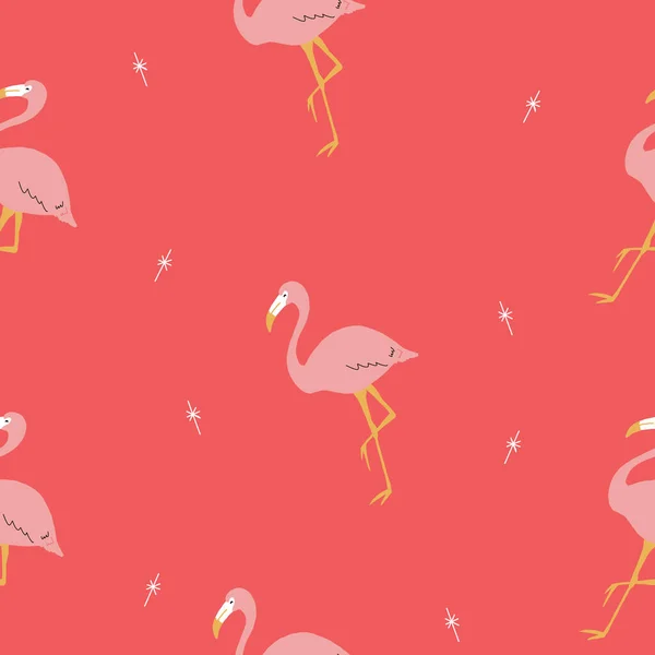 Sem emenda brilhante repetição vetor retro rosa e vermelho tropical flamingo e banana padrão com estrelas retro. —  Vetores de Stock