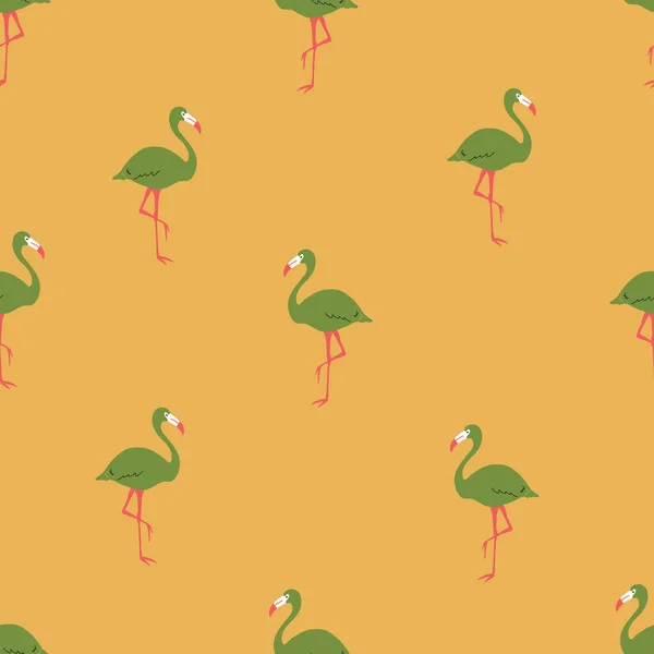 Kusursuz parlak tekrar vektörü. Retro altın sarısı ve yeşil tropikal flamingo deseni.