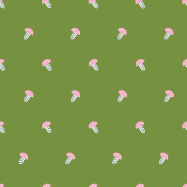 Üzerinde noktalar olan pembe mantarlı şirin yeşil çocuk deseni. Güzel arkaplan