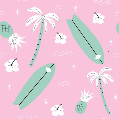 Seamless pink and green palm trees pattern. repeating vector beach and surfing pattern with surf boards. vector