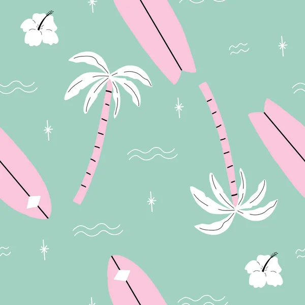 Bezešvé růžové a zelené palmy vzor s tropické květiny. opakující se vektorová pláž a surfování se surfařskými deskami. — Stockový vektor
