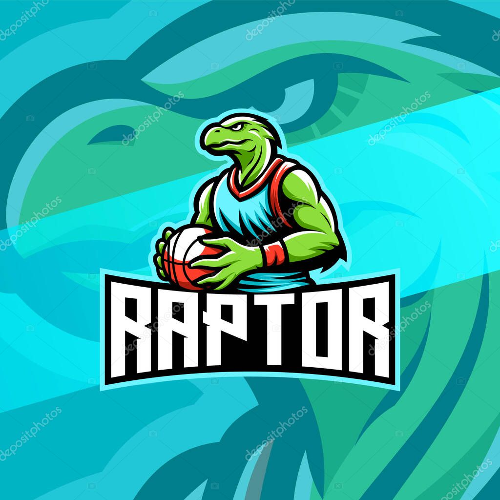 Raptor basketball mascot logo with green reptile character holding ball. Esport logo featuring a green reptile humanoid holding basketball with modern bold typography.