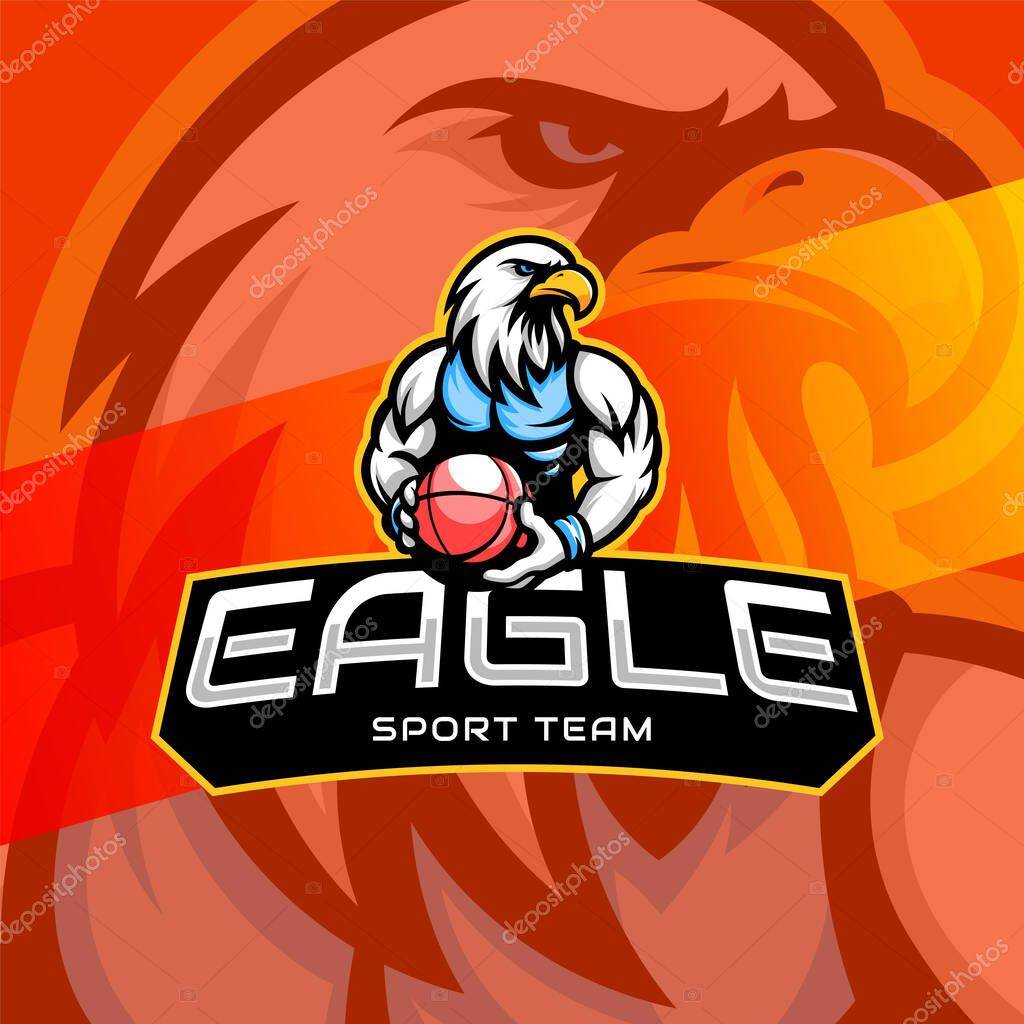 Brotherhood basketball mascot logo with eagle head and muscular player holding ball. Esport logo of a basketball player with eagle head, muscular body, and bold typography.