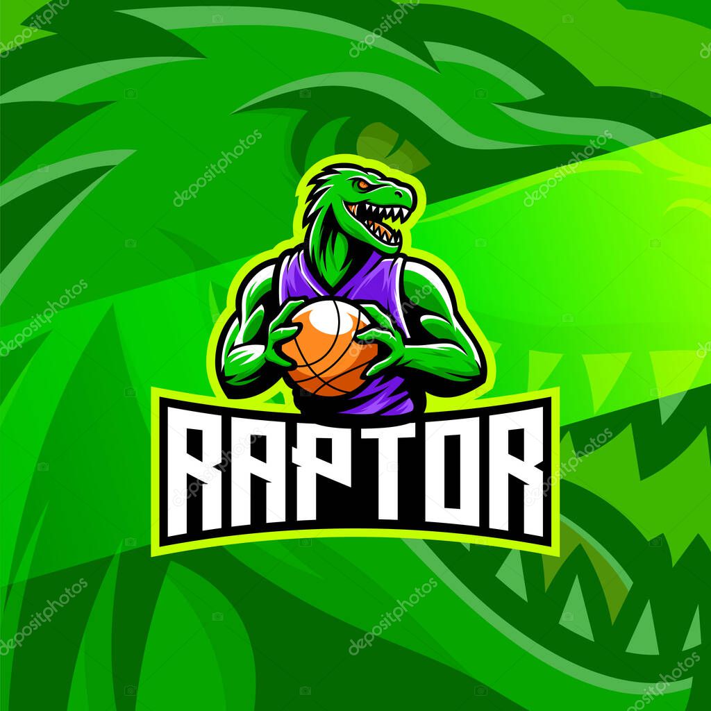 Raptor basketball mascot logo with green reptile character holding ball. Esport mascot logo featuring a green reptile humanoid holding basketball with modern bold typography.