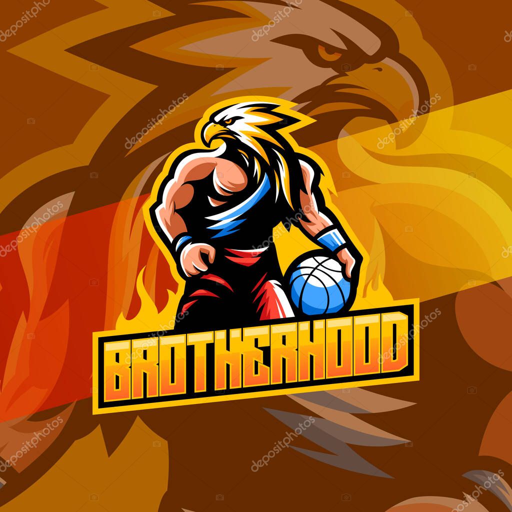 Brotherhood basketball mascot logo with eagle head and muscular player holding ball. Colorful esport mascot logo of a basketball player with eagle head, muscular body, and bold typography.