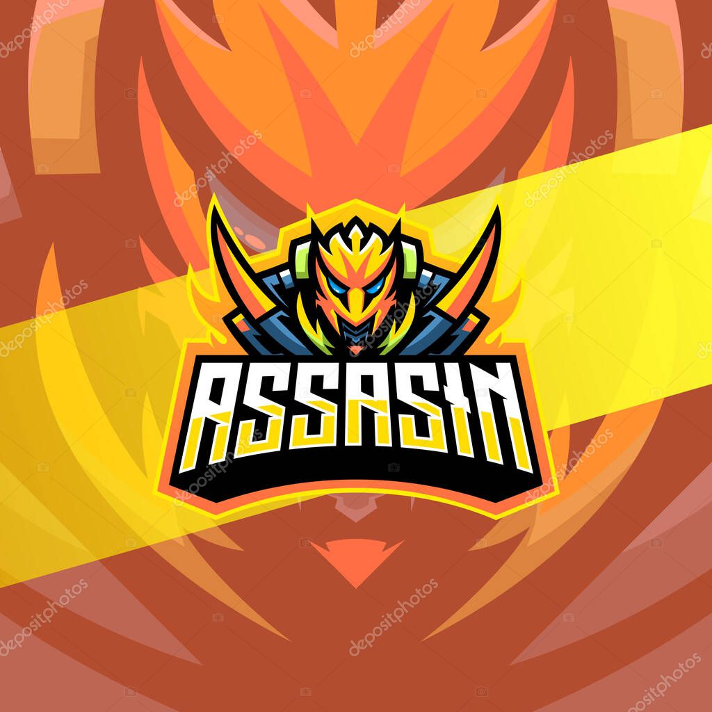 Assassin esports logo with fierce warrior mask. Gaming team and streamer emblem design.