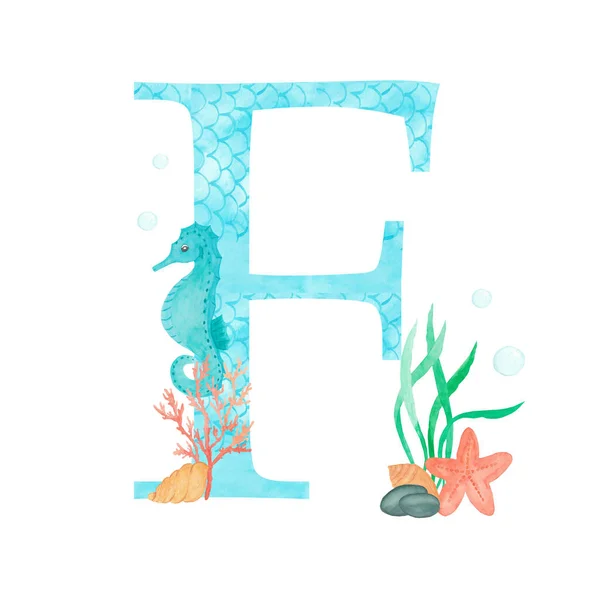 Alfabeto inglés Letra F Monograma con acuarela de diseño marino - caballitos de mar de algas marinas estrellas de mar de coral. Aislado sobre fondo blanco Ilustración de pintura a mano. Fuente para tarjetas de felicitación de diseño y otros . —  Fotos de Stock
